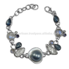 Kyanite Pearl Iolite Blisterd Pearl Rainbow Moonstone Biwa Pearl & 925 Silver Chain Bracelet